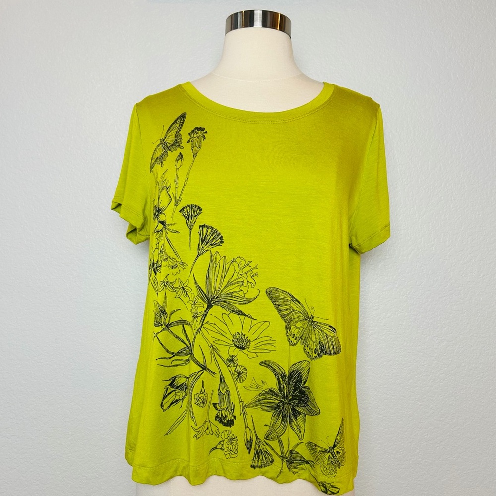 Elena Miro Shirt Women's USA 16 Green Floral Butterfly Print Short Sleeve Rayon